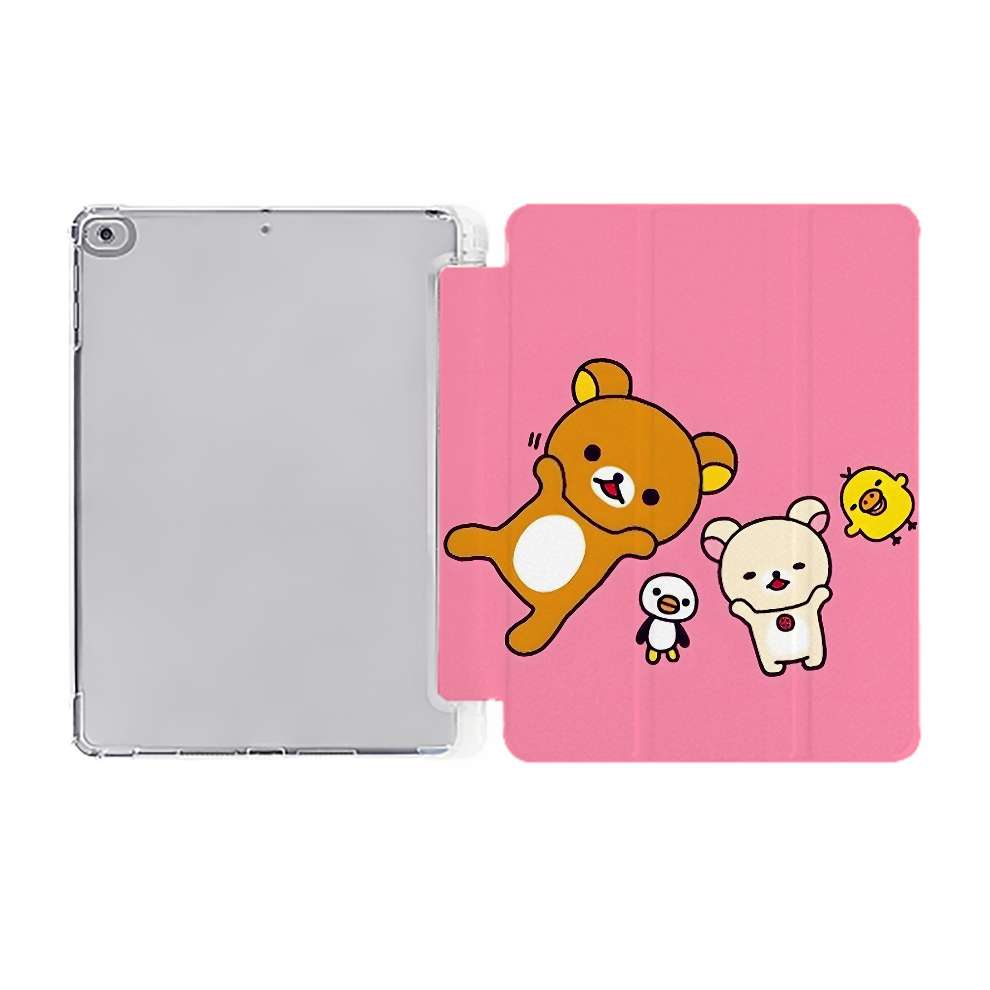 （画像用） リラックマ リラックマ キイロイトリ Rilakkuma Korilakkuma Kiiroitori IPad ケース ペン収納付き 三つ折りスタンド PUレザー×シリコン 対応機種9.5/10.5/10.9インチ
